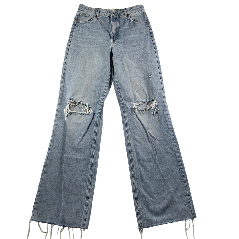 Zara High Rise Wide Leg Distressed Jeans Light Wash Blue Size 8 Raw Hem